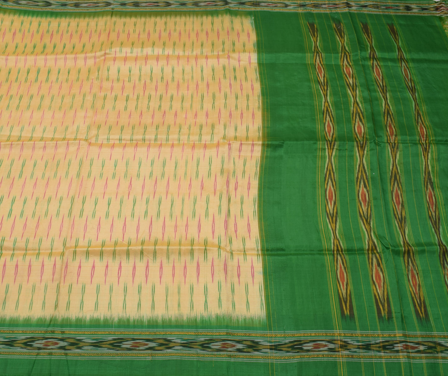 Sushila Vintage Cream Saree Pure Silk Hand Woven Ikat Patola Sari Craft Fabric