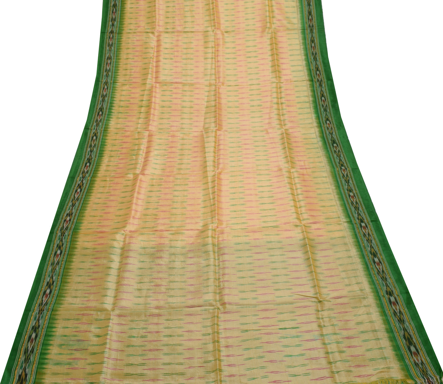 Sushila Vintage Cream Saree Pure Silk Hand Woven Ikat Patola Sari Craft Fabric