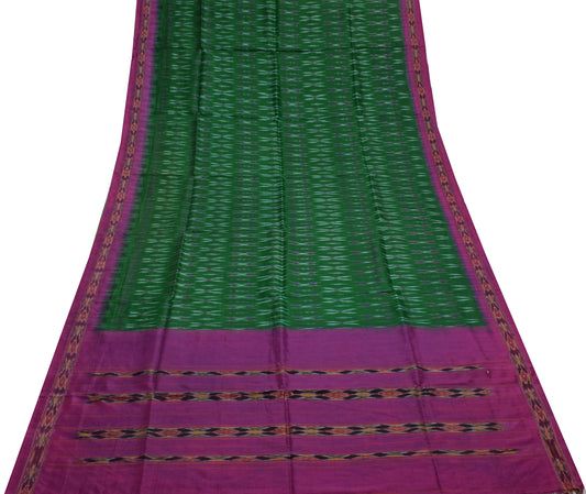 Sushila Vintage Green Saree Pure Silk Hand Woven Ikat Patola Sari Craft Fabric