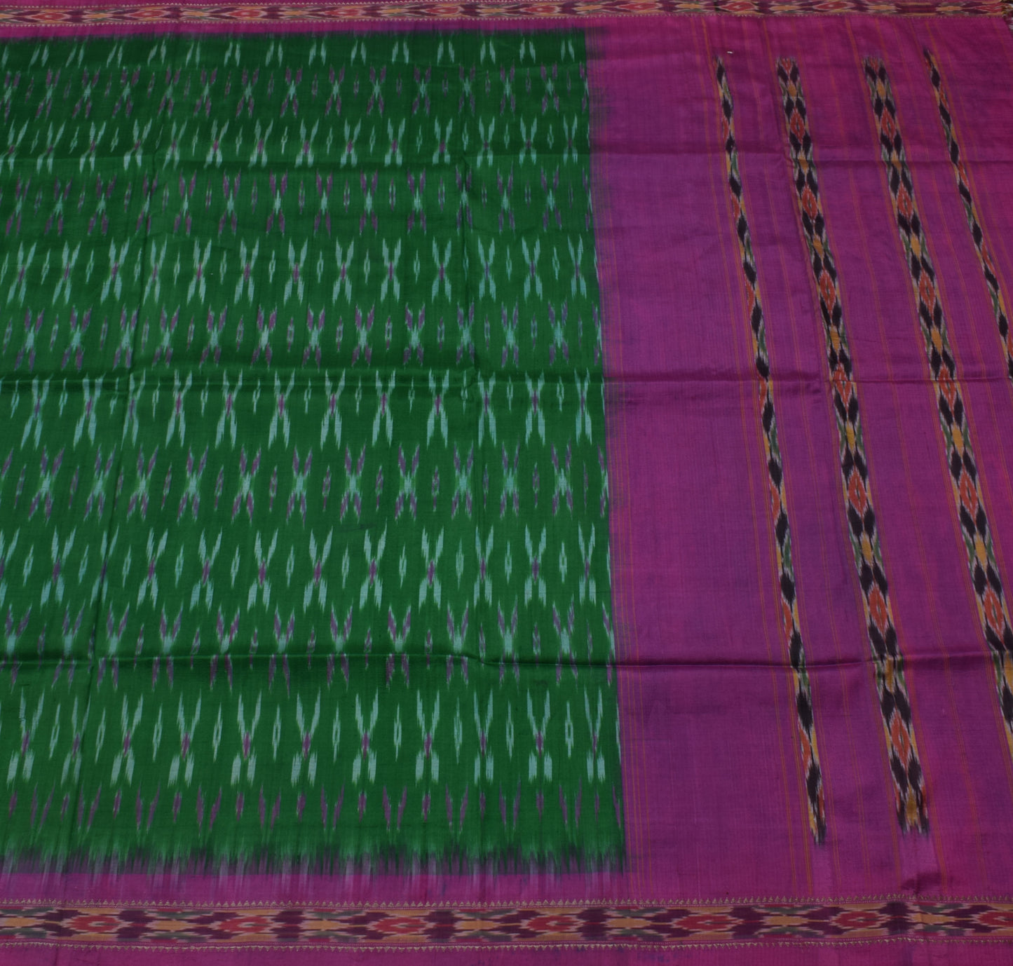 Sushila Vintage Green Saree Pure Silk Hand Woven Ikat Patola Sari Craft Fabric