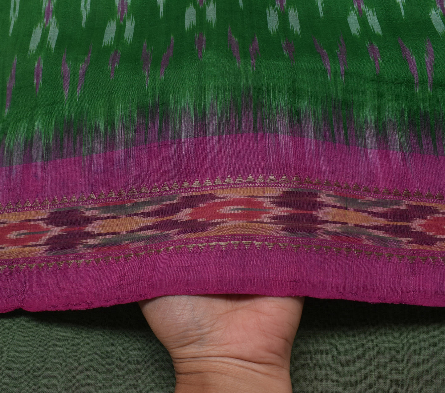 Sushila Vintage Green Saree Pure Silk Hand Woven Ikat Patola Sari Craft Fabric