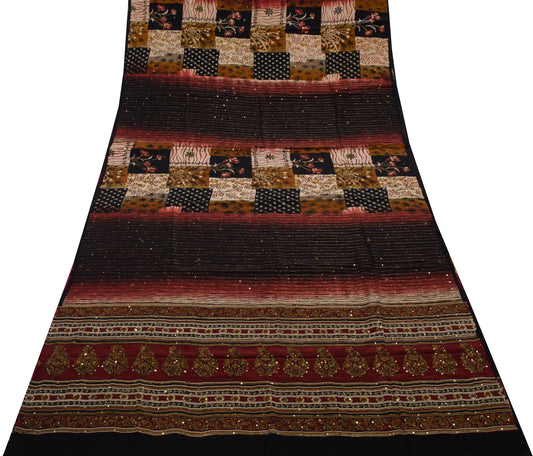 Sushila Vintage Multi-Color Saree Pure Crepe Silk Printed 5 Yard Sari Fabric