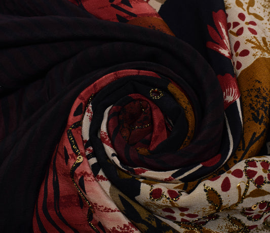 Sushila Vintage Multi-Color Saree Pure Crepe Silk Printed 5 Yard Sari Fabric