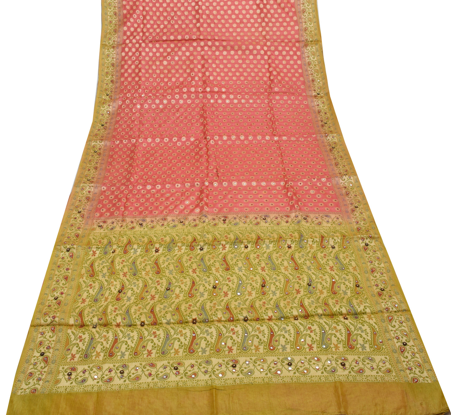 Sushila Vintage Indian Peach Saree 100% Pure Silk Woven Sari Craft 5 Yard Fabric
