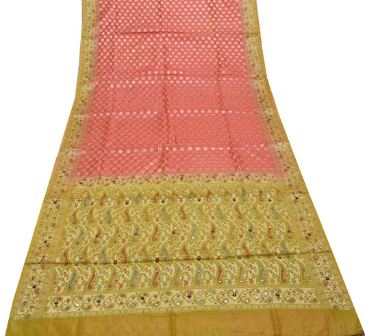 Sushila Vintage Indian Peach Saree 100% Pure Silk Woven Sari Craft 5 Yard Fabric