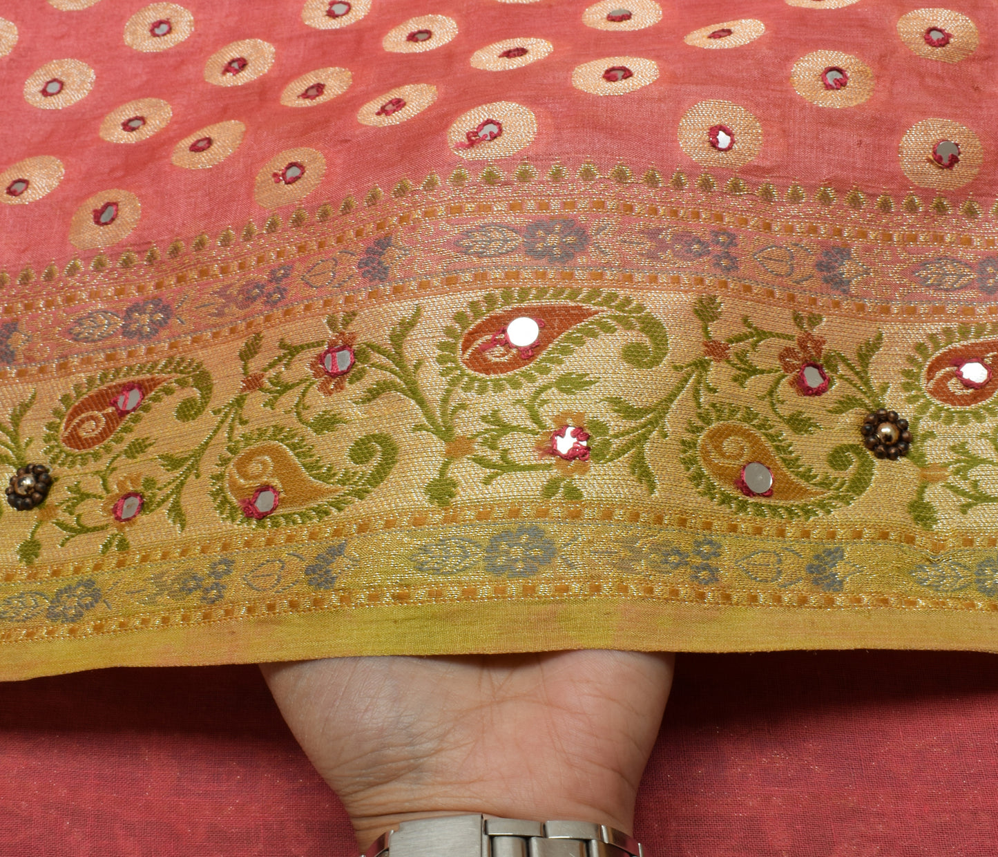 Sushila Vintage Indian Peach Saree 100% Pure Silk Woven Sari Craft 5 Yard Fabric