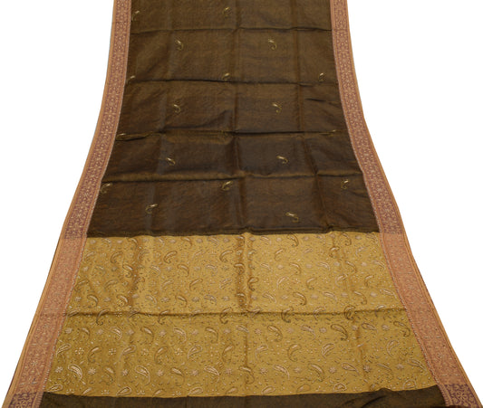 Sushila Vintage Indian Green Saree Pure Silk Woven Paisley Sari Craft Fabric