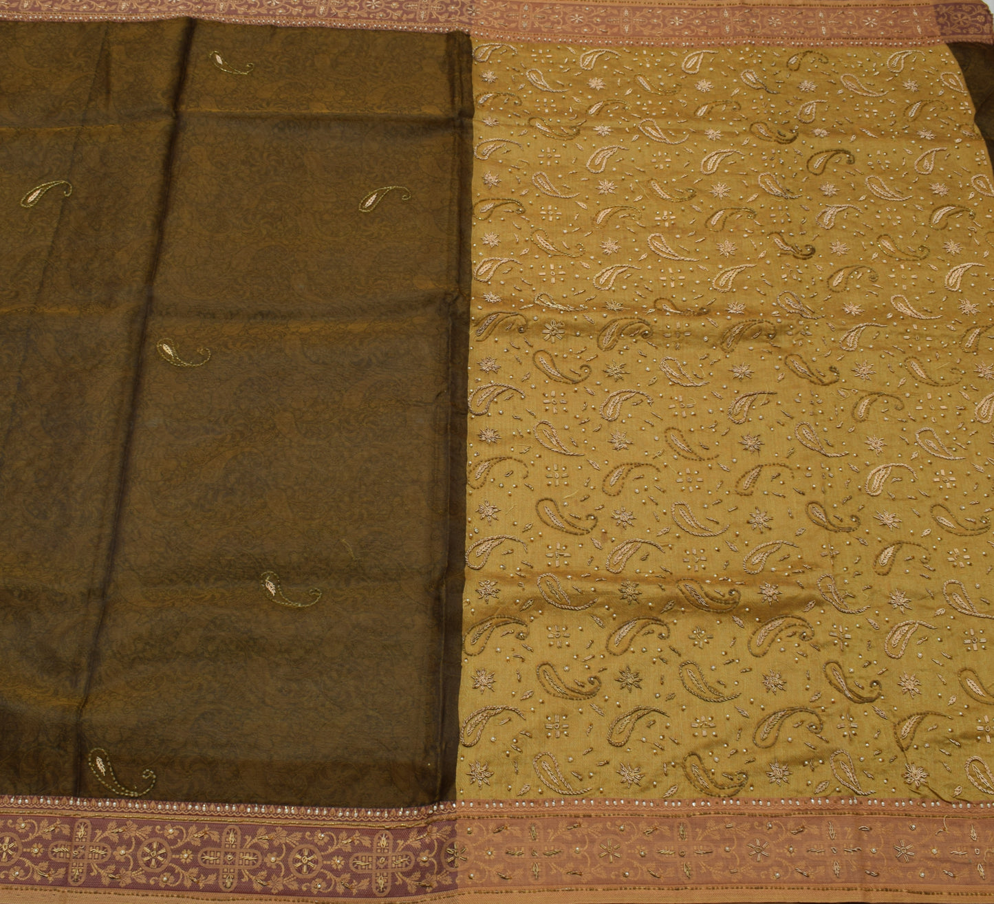 Sushila Vintage Indian Green Saree Pure Silk Woven Paisley Sari Craft Fabric