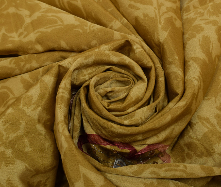 Sushila Vintage Green Saree Blend Crepe Silk Hand Beaded & Printed Sari Fabric