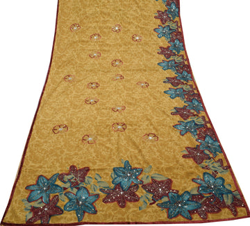 Sushila Vintage Green Saree Blend Crepe Silk Hand Beaded & Printed Sari Fabric