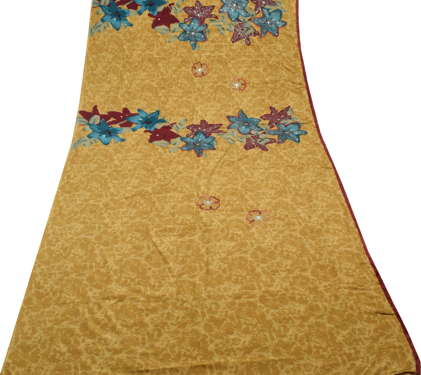 Sushila Vintage Green Saree Blend Crepe Silk Hand Beaded & Printed Sari Fabric