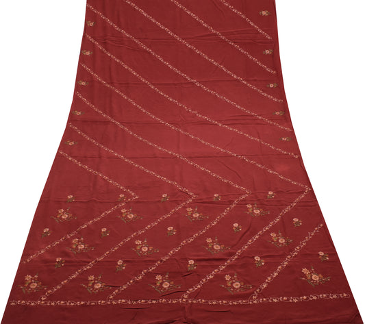 Sushila Vintage Maroon Saree Pure Crepe Silk Embroidered Floral Sari Fabric