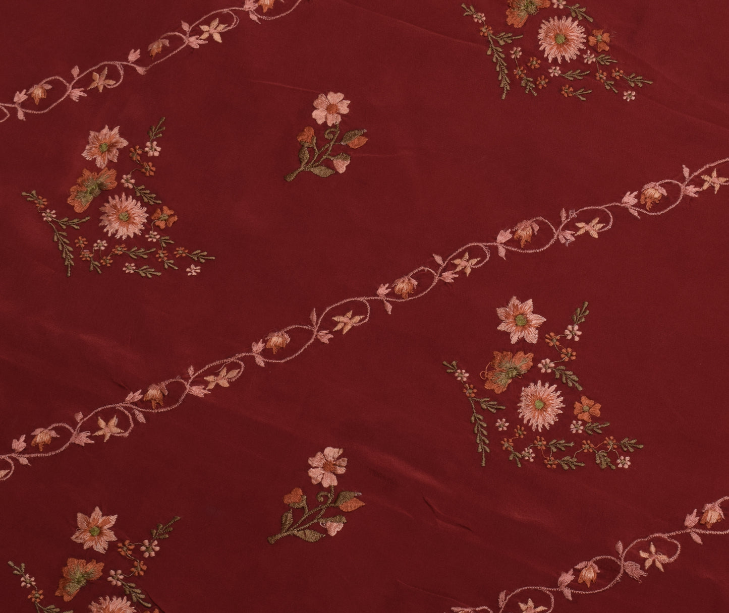 Sushila Vintage Maroon Saree Pure Crepe Silk Embroidered Floral Sari Fabric