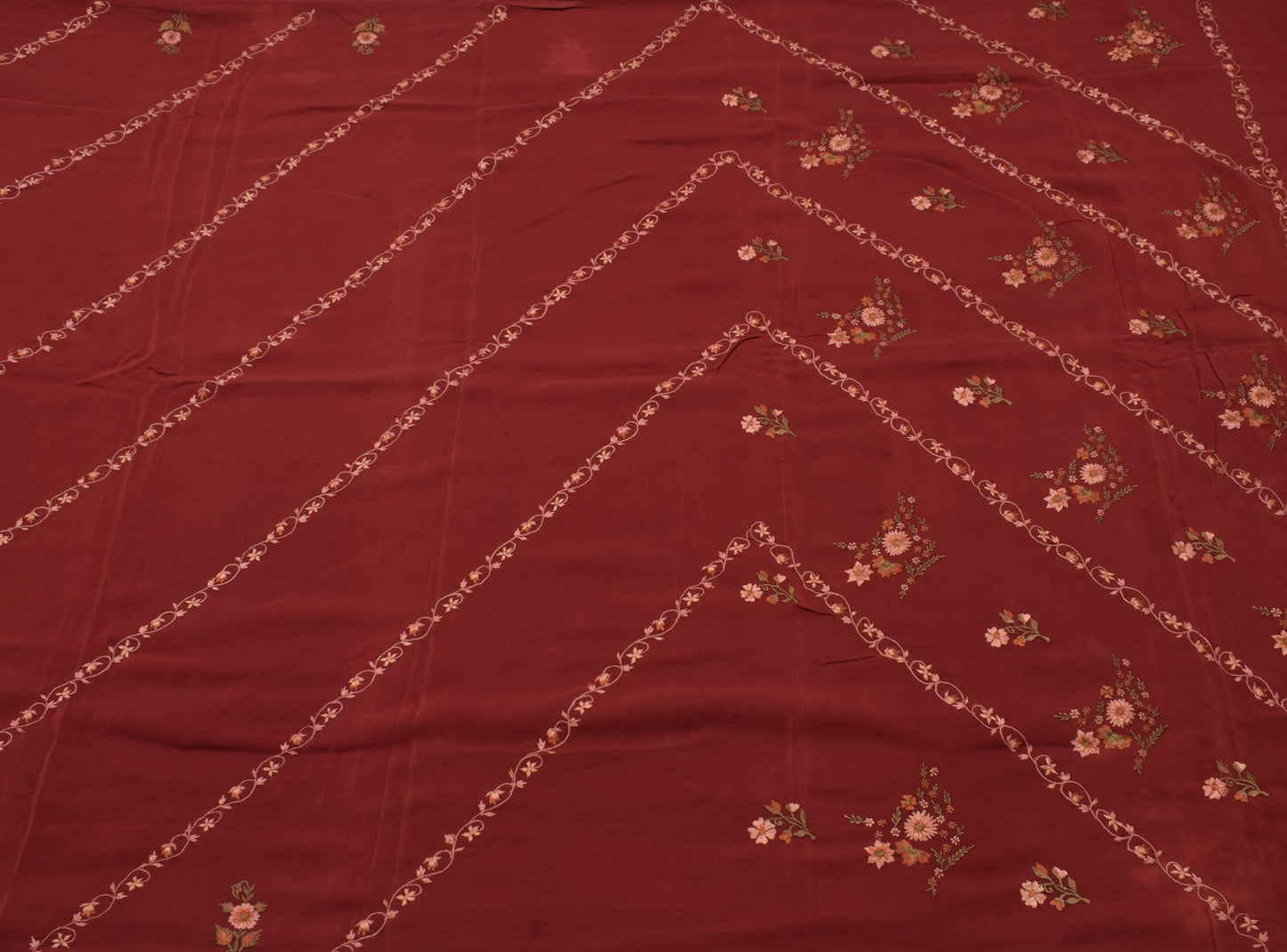 Sushila Vintage Maroon Saree Pure Crepe Silk Embroidered Floral Sari Fabric