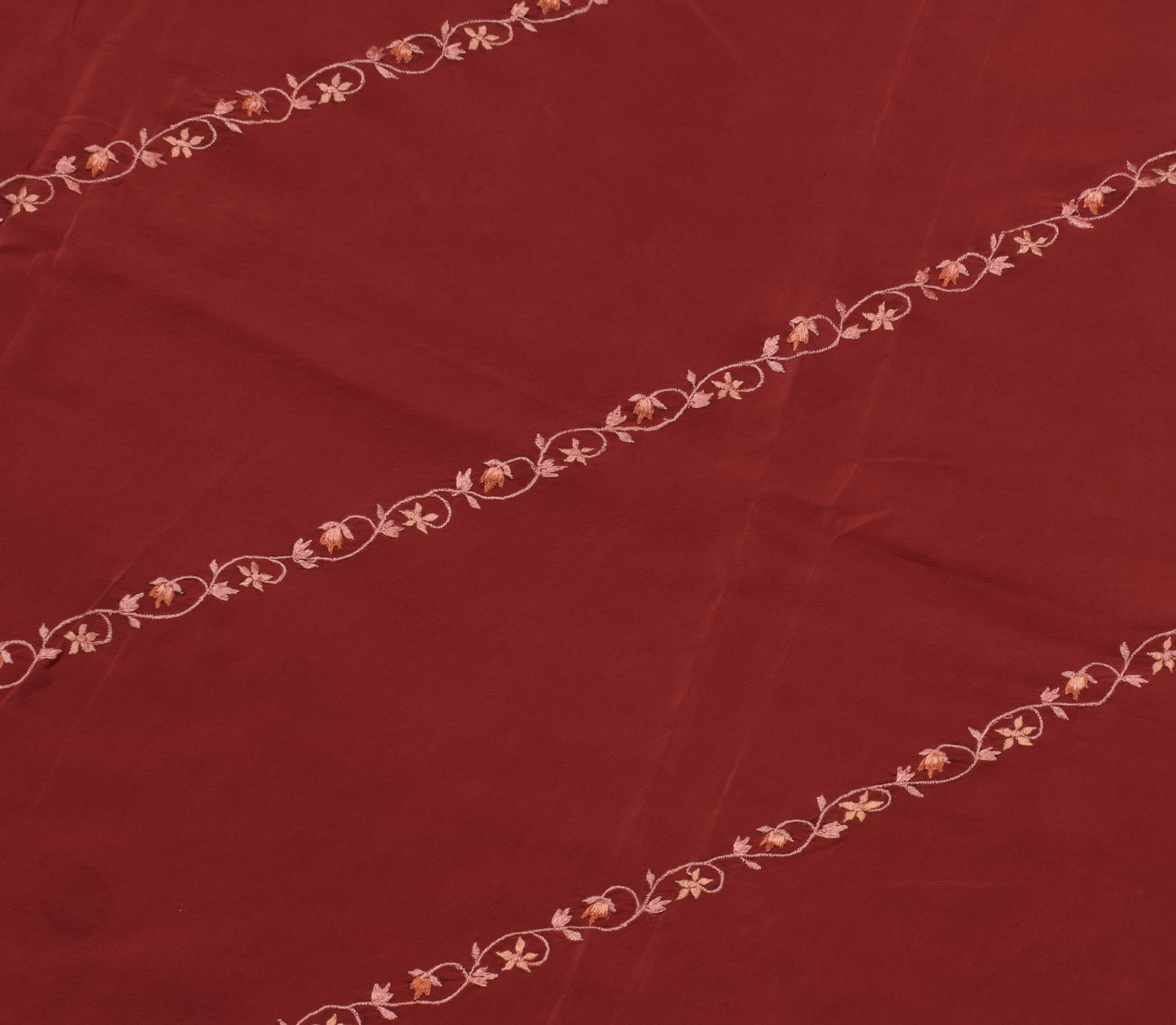 Sushila Vintage Maroon Saree Pure Crepe Silk Embroidered Floral Sari Fabric