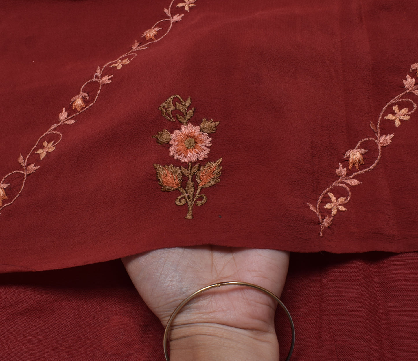 Sushila Vintage Maroon Saree Pure Crepe Silk Embroidered Floral Sari Fabric