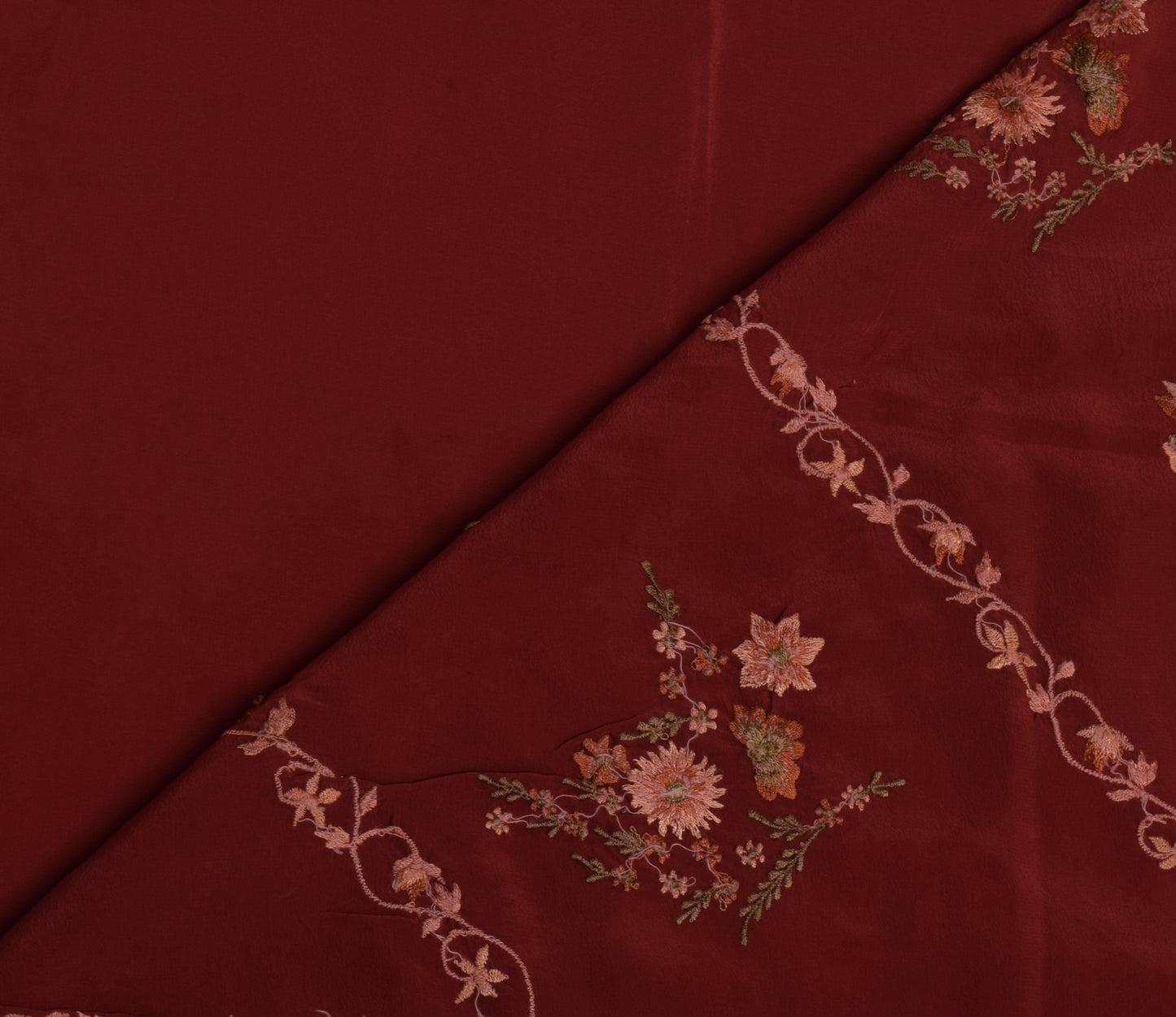 Sushila Vintage Maroon Saree Pure Crepe Silk Embroidered Floral Sari Fabric