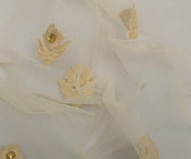 Sushila Vintage Indian Cream Saree Net Mesh Embroidered Floral Sari Craft Fabric