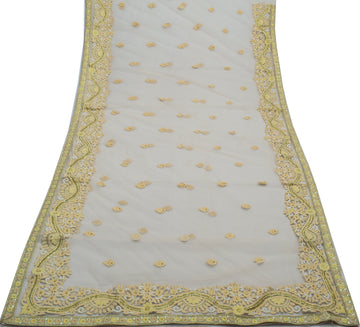 Sushila Vintage Indian Cream Saree Net Mesh Embroidered Floral Sari Craft Fabric