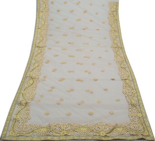 Sushila Vintage Indian Cream Saree Net Mesh Embroidered Floral Sari Craft Fabric