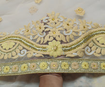 Sushila Vintage Indian Cream Saree Net Mesh Embroidered Floral Sari Craft Fabric