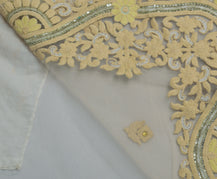 Sushila Vintage Indian Cream Saree Net Mesh Embroidered Floral Sari Craft Fabric