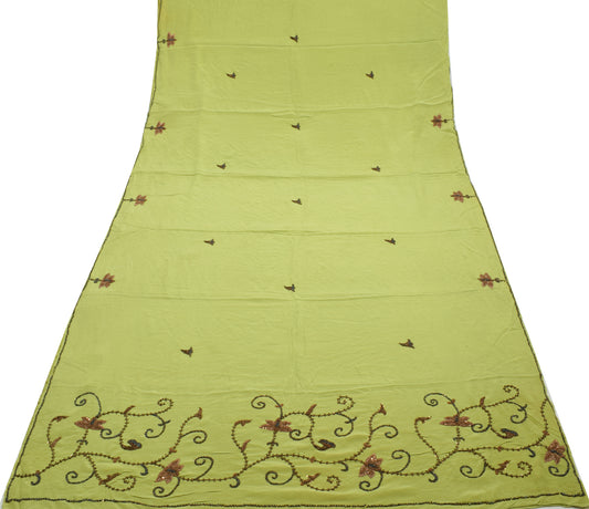 Sushila Vintage Green Saree Pure Crepe Silk Glass Beads Embellish Floral Sari Craft Fabric