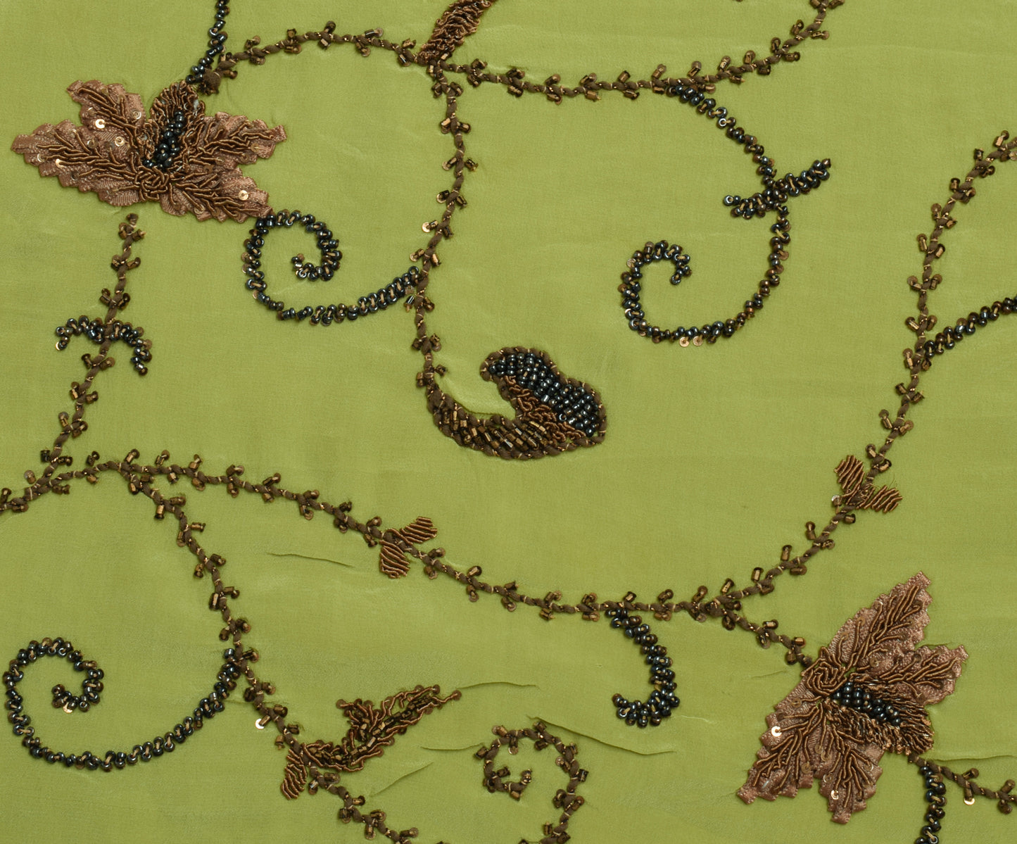 Sushila Vintage Green Saree Pure Crepe Silk Glass Beads Embellish Floral Sari Craft Fabric
