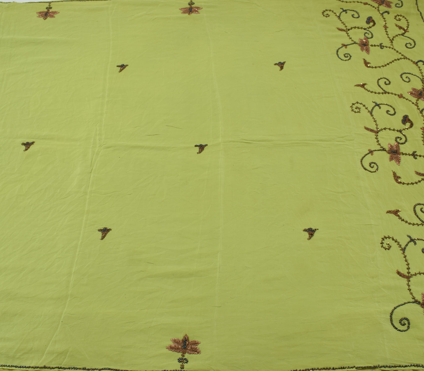 Sushila Vintage Green Saree Pure Crepe Silk Glass Beads Embellish Floral Sari Craft Fabric