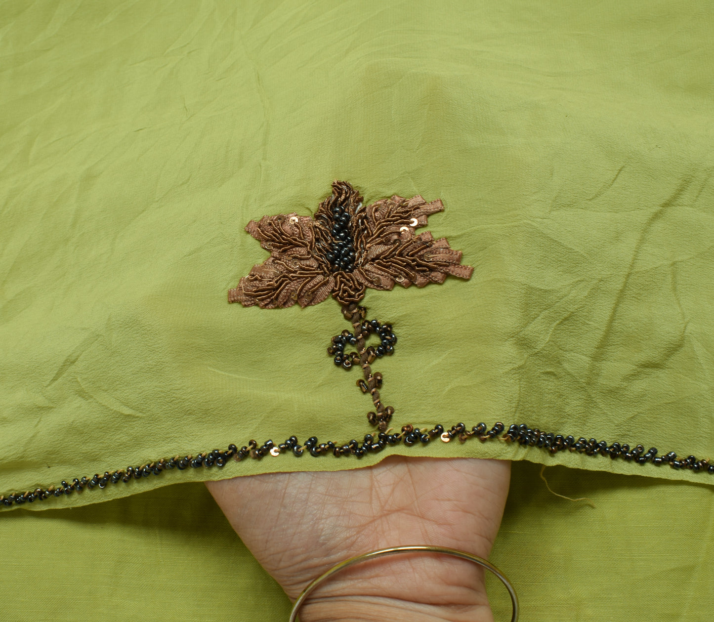 Sushila Vintage Green Saree Pure Crepe Silk Glass Beads Embellish Floral Sari Craft Fabric