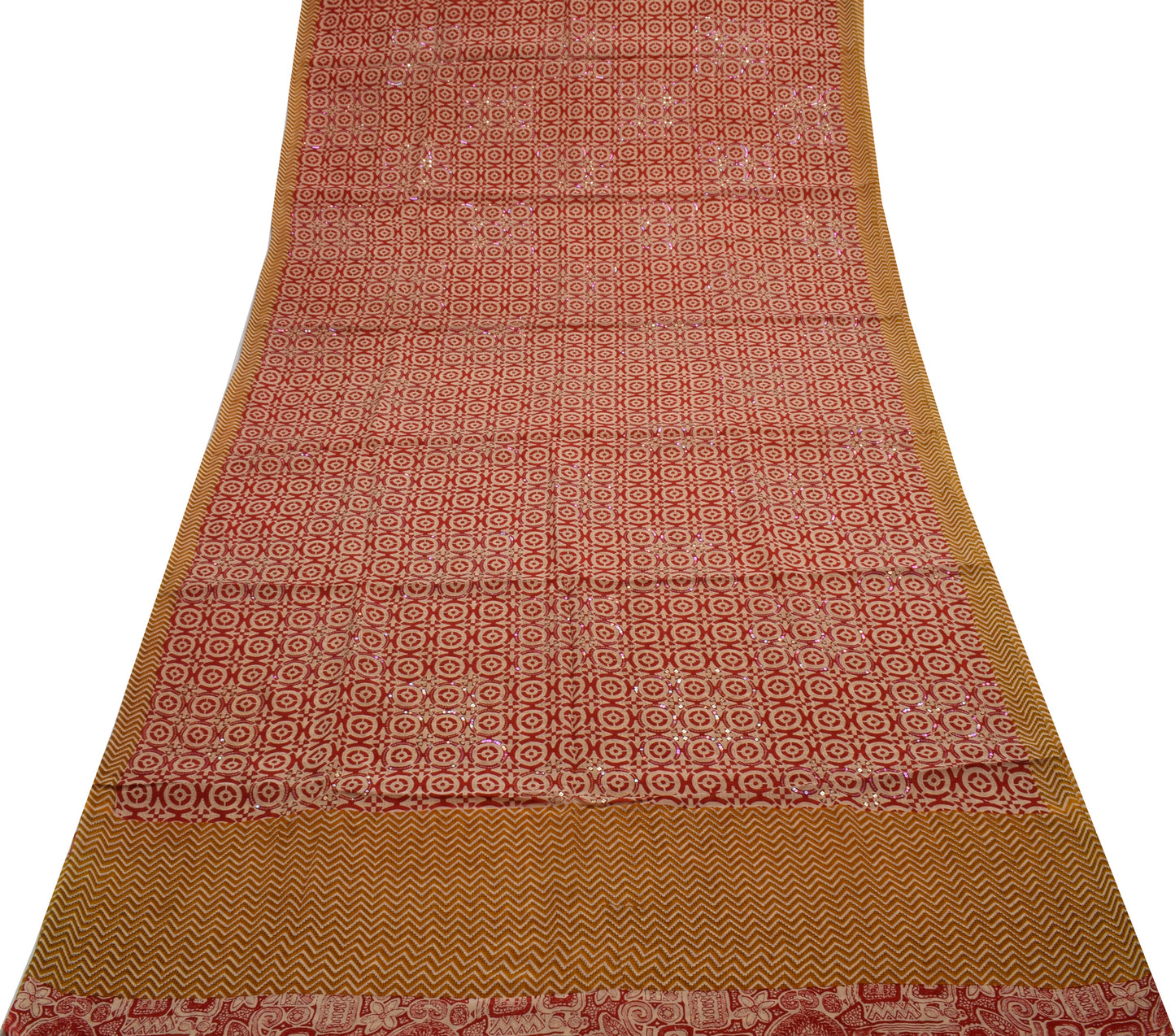 Sushila Vintage Indian Cream Saree Pure Crepe Silk Printed Sari 5 Yard Fabric