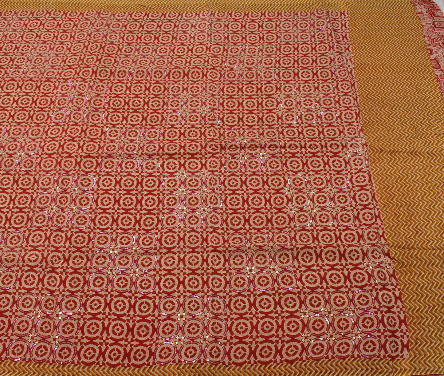 Sushila Vintage Indian Cream Saree Pure Crepe Silk Printed Sari 5 Yard Fabric