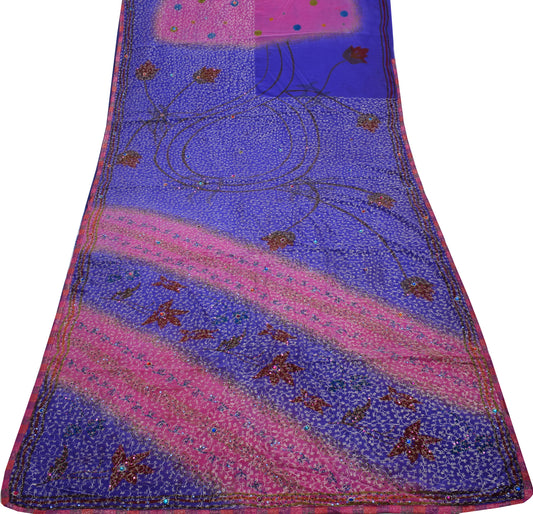 Sushila Vintage Multi-Color Saree Pure Crepe Silk Embridered Floral Sari Fabric