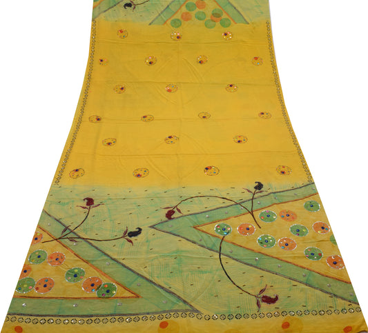 Sushila Vintage Yellow Saree Pure Crepe Silk Hand Beaded Sari Craft 5 YD Fabric