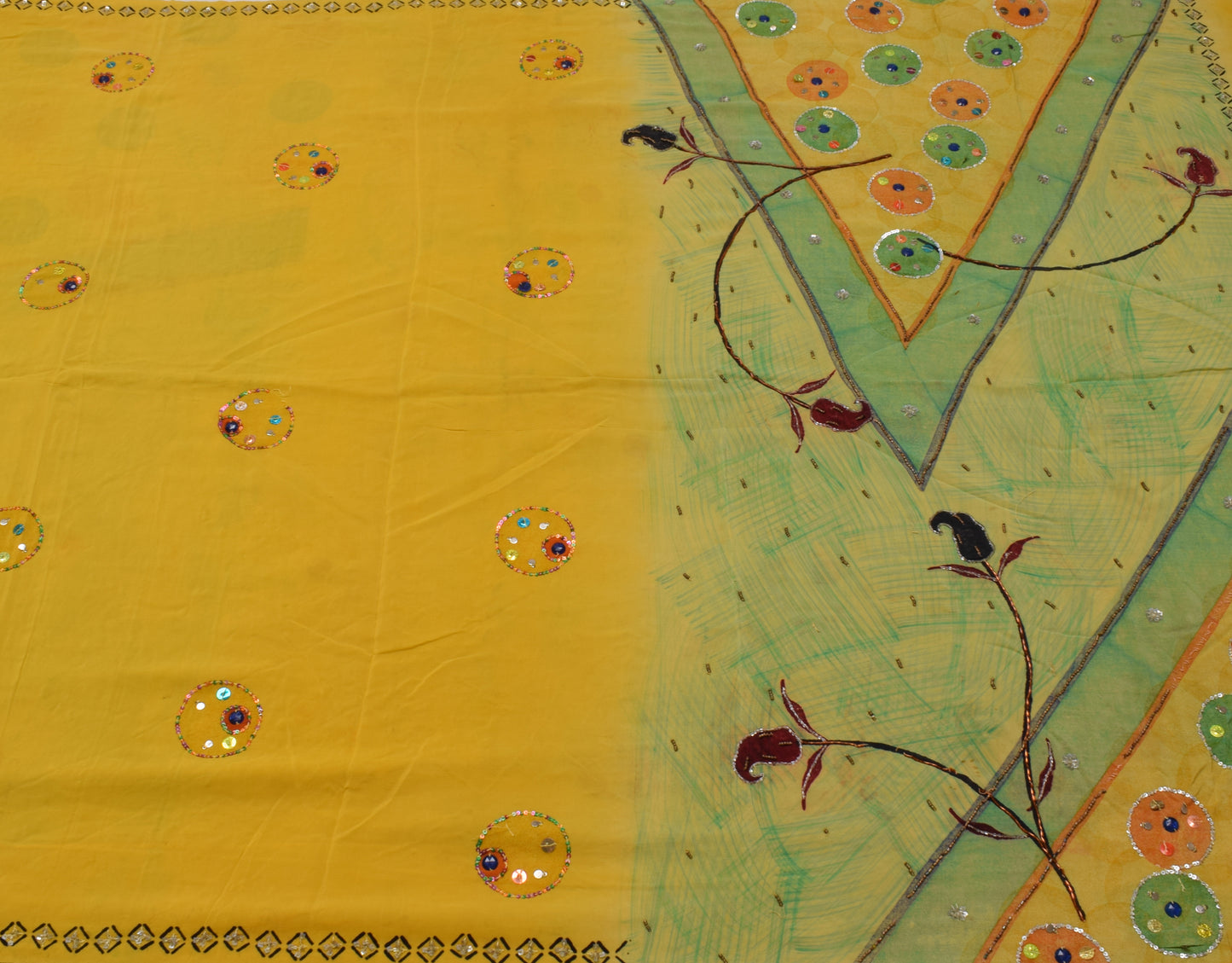 Sushila Vintage Yellow Saree Pure Crepe Silk Hand Beaded Sari Craft 5 YD Fabric