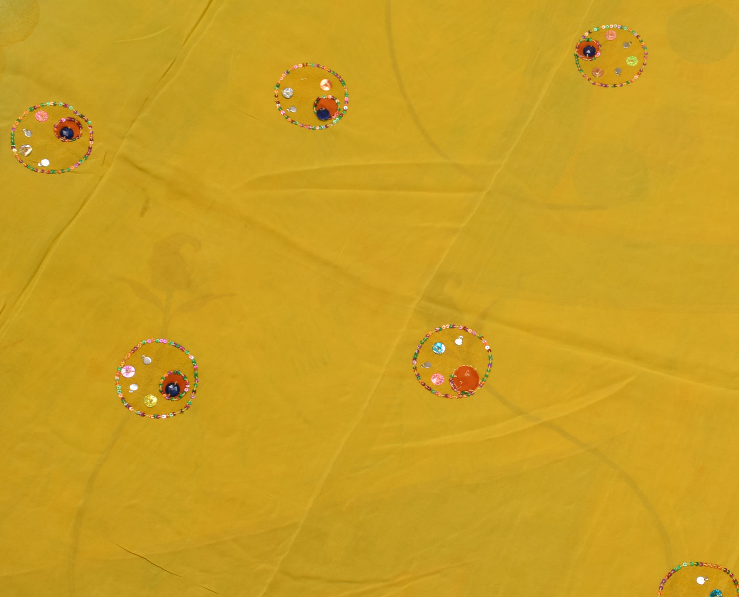 Sushila Vintage Yellow Saree Pure Crepe Silk Hand Beaded Sari Craft 5 YD Fabric