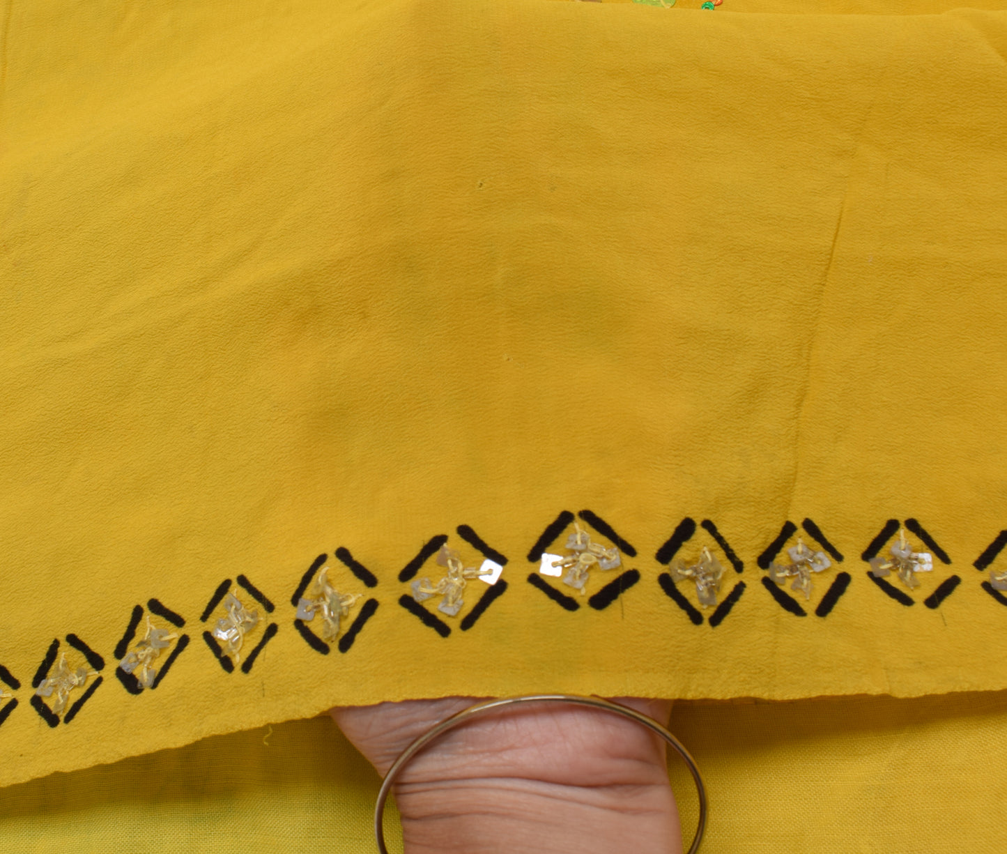 Sushila Vintage Yellow Saree Pure Crepe Silk Hand Beaded Sari Craft 5 YD Fabric