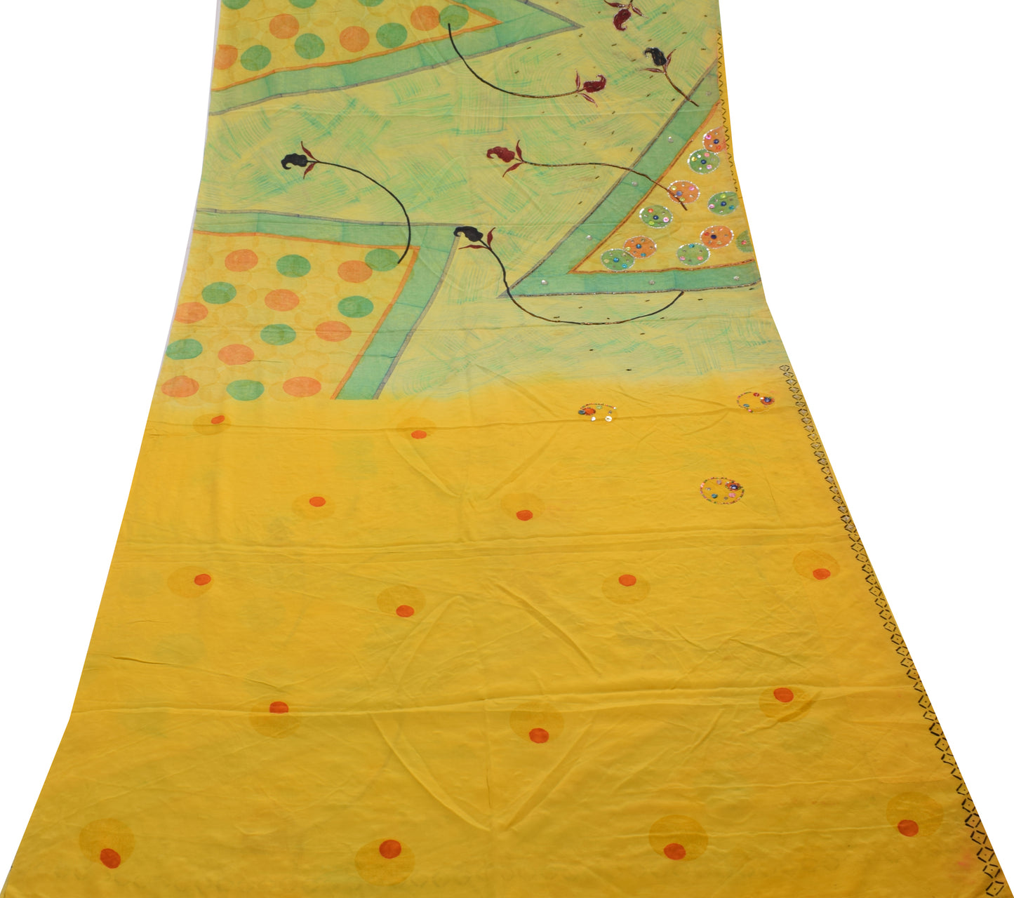 Sushila Vintage Yellow Saree Pure Crepe Silk Hand Beaded Sari Craft 5 YD Fabric