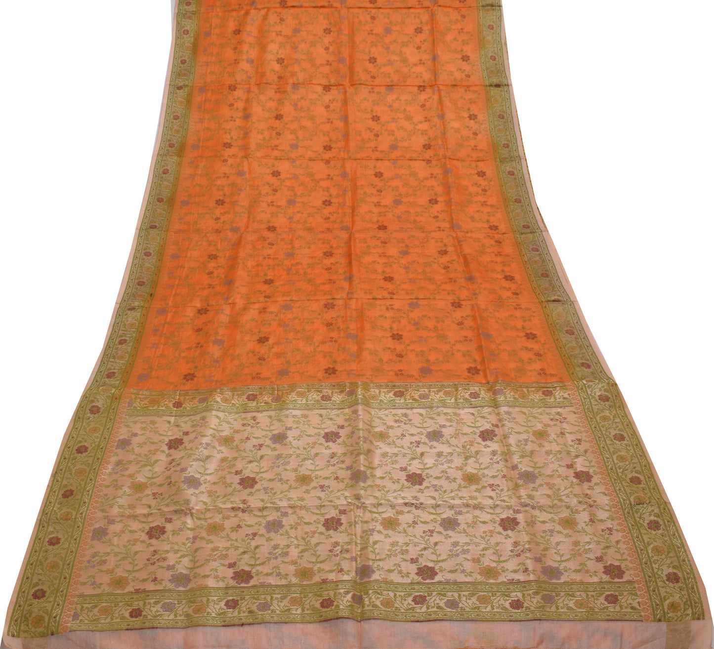 Sushila Vintage Orange Saree 100% Pure Silk Woven Floral Sari Craft 5 YD Fabric