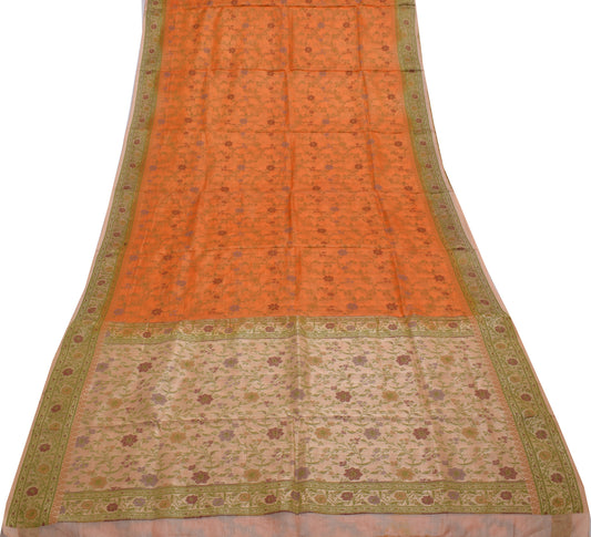 Sushila Vintage Orange Saree 100% Pure Silk Woven Floral Sari Craft 5 YD Fabric