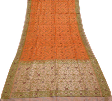 Sushila Vintage Orange Saree 100% Pure Silk Woven Floral Sari Craft 5 YD Fabric
