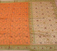 Sushila Vintage Orange Saree 100% Pure Silk Woven Floral Sari Craft 5 YD Fabric