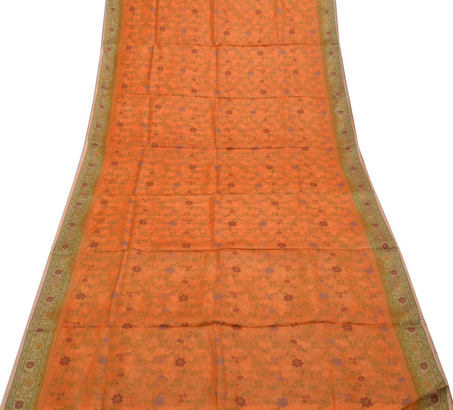 Sushila Vintage Orange Saree 100% Pure Silk Woven Floral Sari Craft 5 YD Fabric