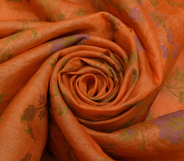 Sushila Vintage Orange Saree 100% Pure Silk Woven Floral Sari Craft 5 YD Fabric