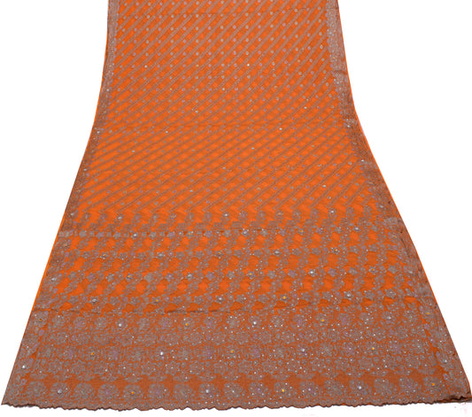Sushila Vintage Orange Gray Saree Art Chiffon Silk Woven Sequins Work Sari Craft Fabric