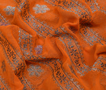 Sushila Vintage Orange Saree Blend Georgette Silk Hand Beaded Woven Sari Fabric