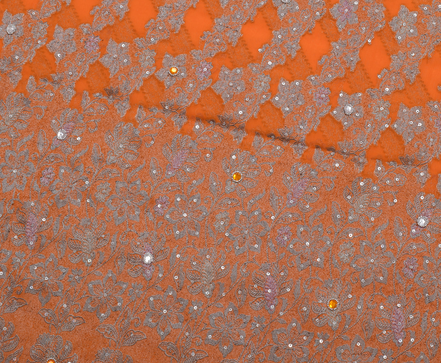 Sushila Vintage Orange Gray Saree Art Chiffon Silk Woven Sequins Work Sari Craft Fabric