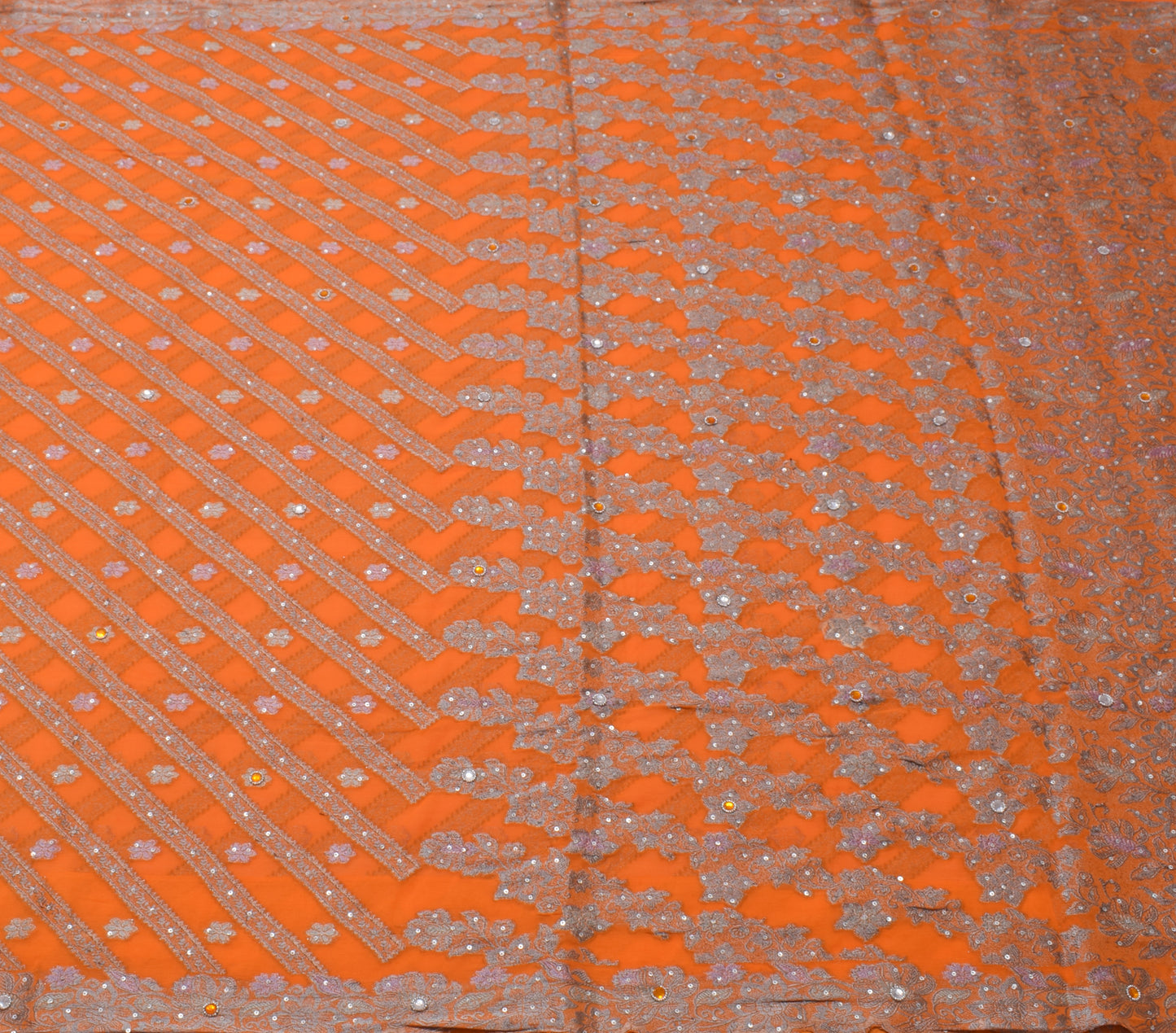 Sushila Vintage Orange Gray Saree Art Chiffon Silk Woven Sequins Work Sari Craft Fabric