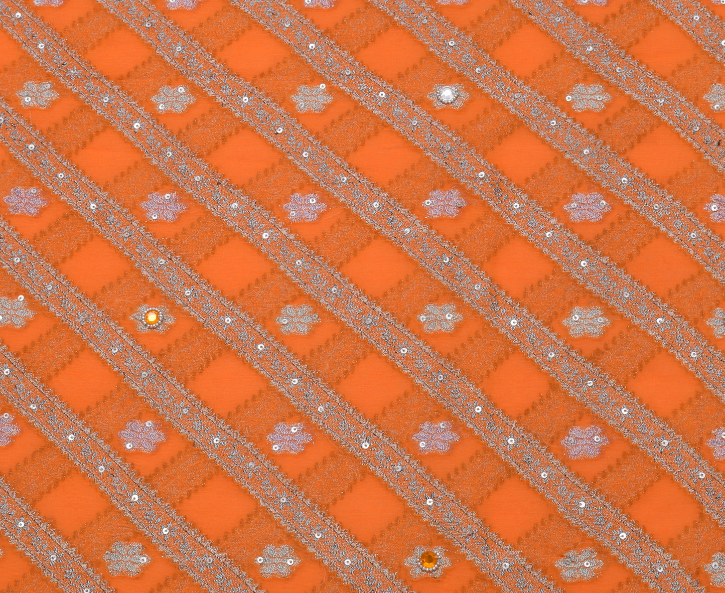 Sushila Vintage Orange Gray Saree Art Chiffon Silk Woven Sequins Work Sari Craft Fabric