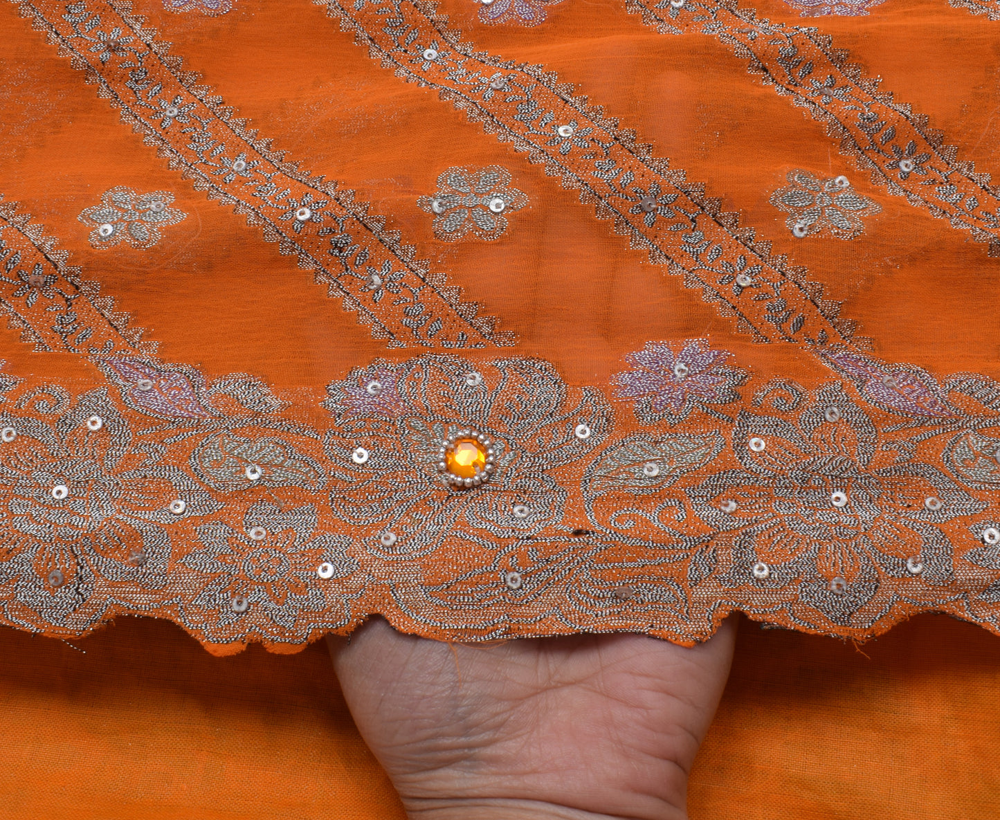 Sushila Vintage Orange Gray Saree Art Chiffon Silk Woven Sequins Work Sari Craft Fabric